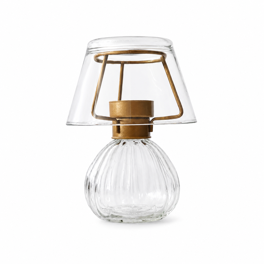 Mrs Hinch Glass Tealight Holder Lamp – Clear Glass Gold Tone Home Décor